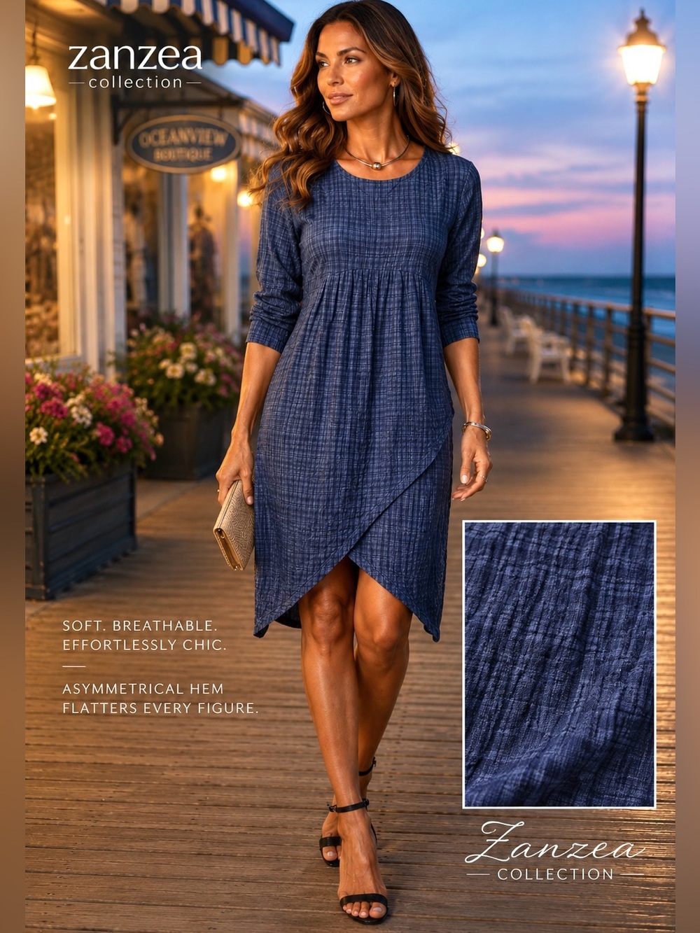 Zanzea,Blue Plaid, Asymmetrical Dress, Perfect, Casual, Soft,Pull-On,Size S/M